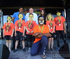 Gurvinder Sandher, Council Leader John Cubitt and Cabinet Member Gurjit Bains with Young Children who performed at the Festival Gurvinder Sandher, Council Leader John Cubitt and Cabinet Member Gurjit Bains with Young Children who performed at the Festival
